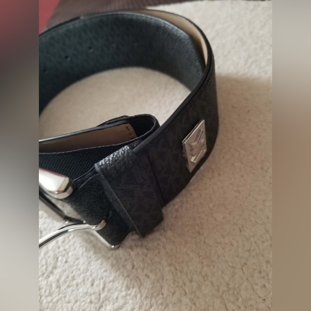 Michael Kors Black Textured Logo Belt with Silver Hardware